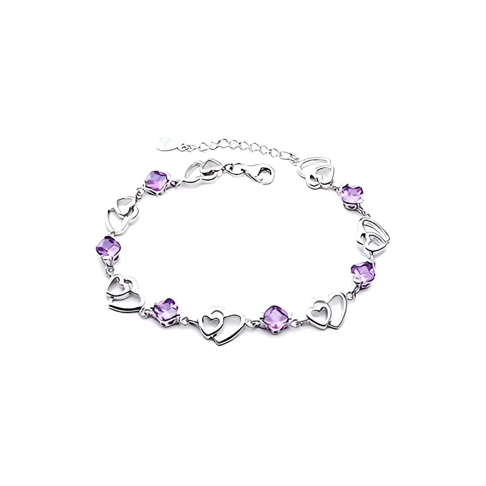 Silver Plated Purple Crystal Double Heart Artificial Bracelet