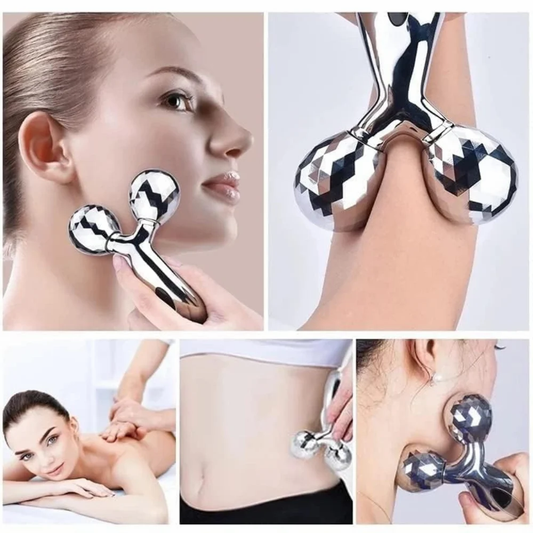 Silver facial and body massager being used on various parts of a person's face and body.