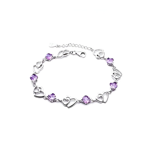 Silver Plated Purple Crystal Double Heart Artificial Bracelet