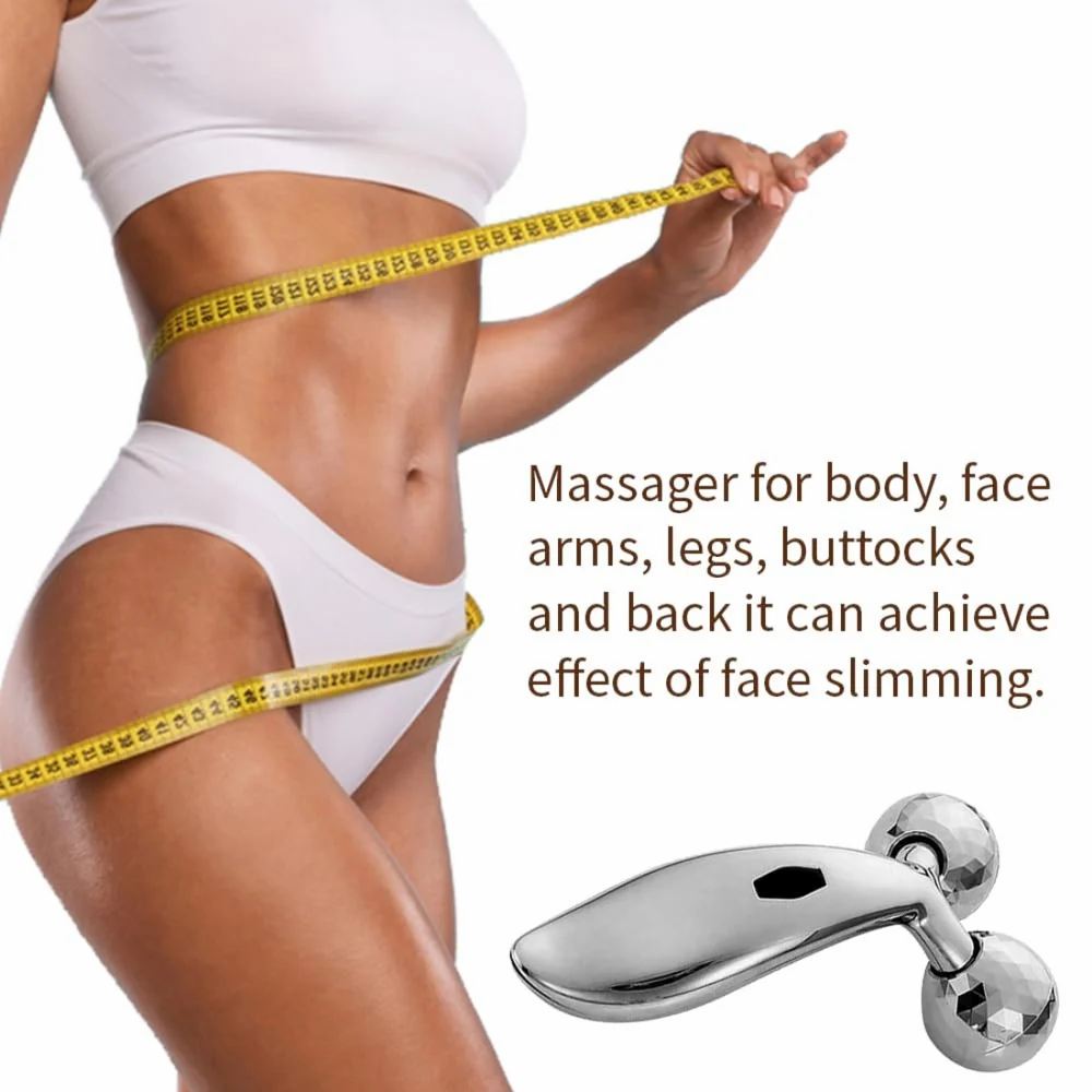 Woman measuring her waist with a yellow tape measure, featuring a massager device on a white background.