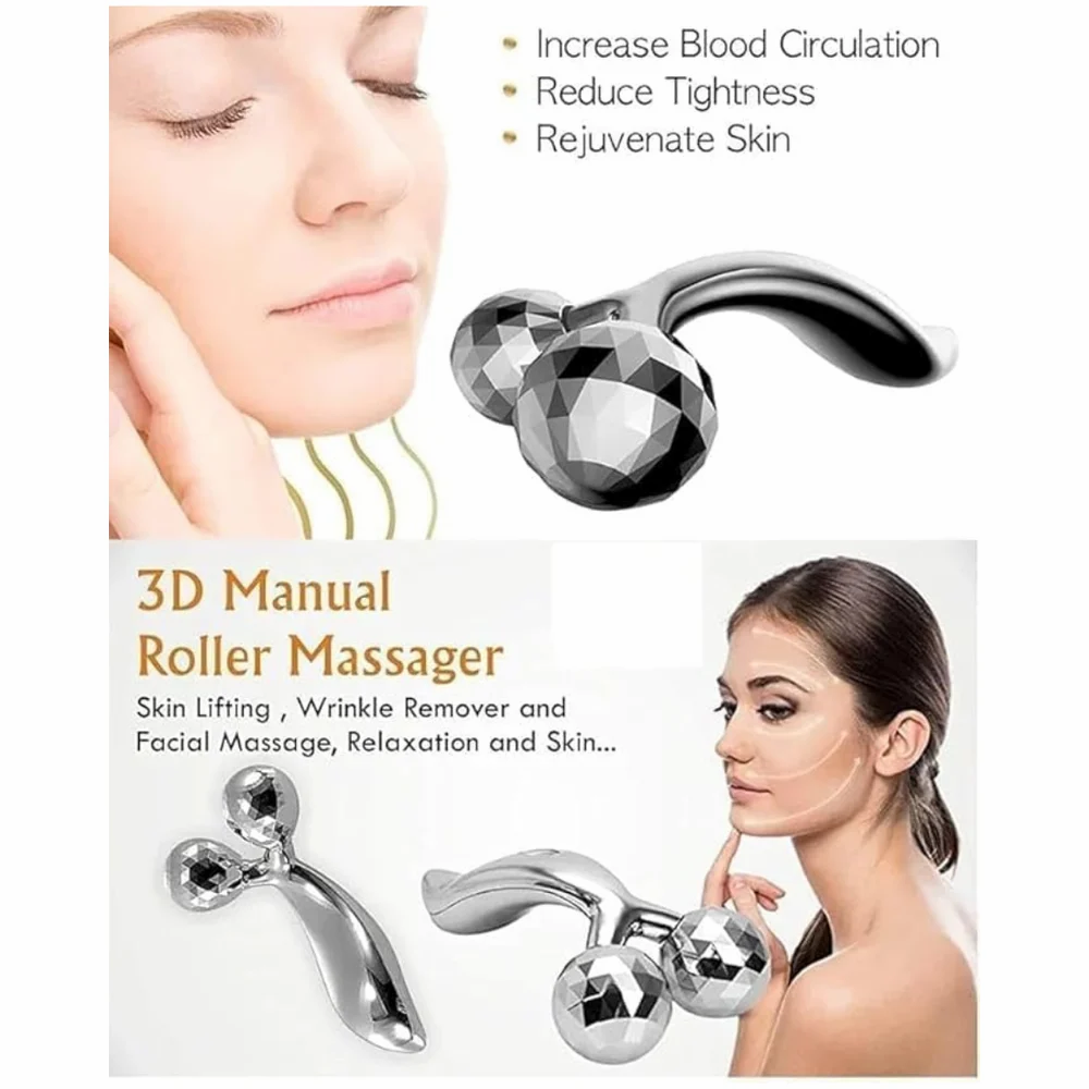 3D Manual Roller Massager with benefits listed on a white background