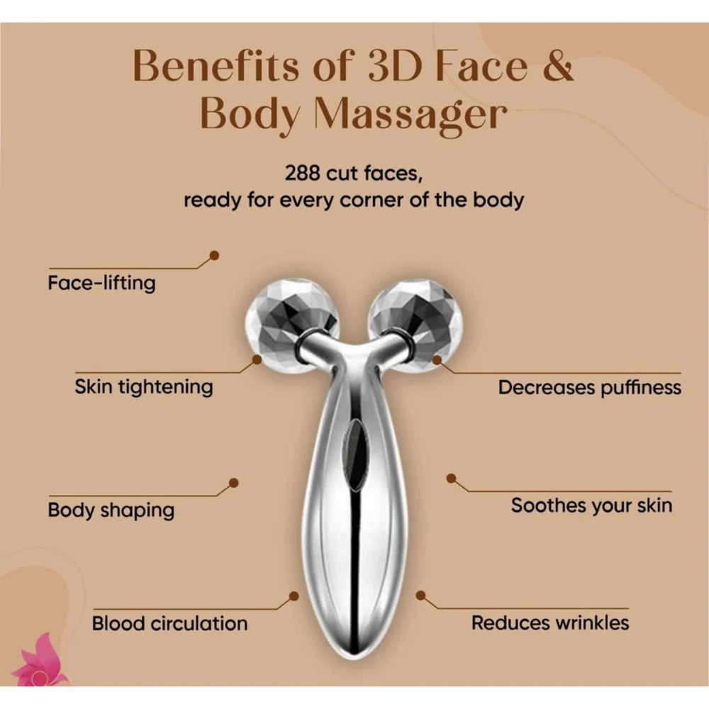 3D face and body massager with benefits listed on a beige background
