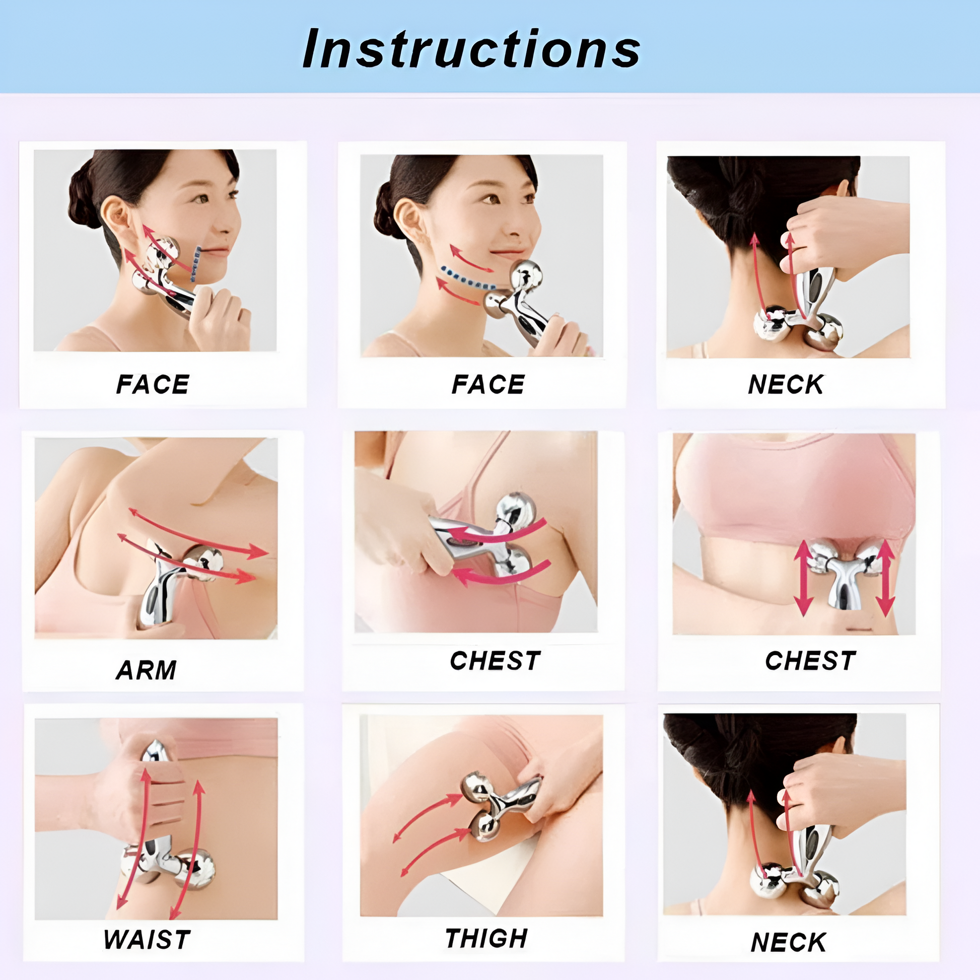 Instructions on how to use a handheld massager on different parts of the body.