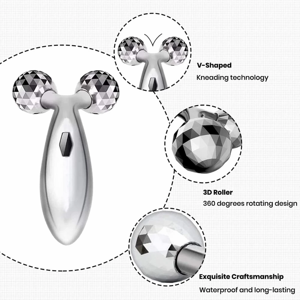 Silver facial roller with V-shaped design and 3D roller features on a white background